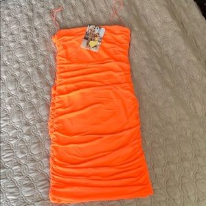 Neon Orange Ruched Mini Dress